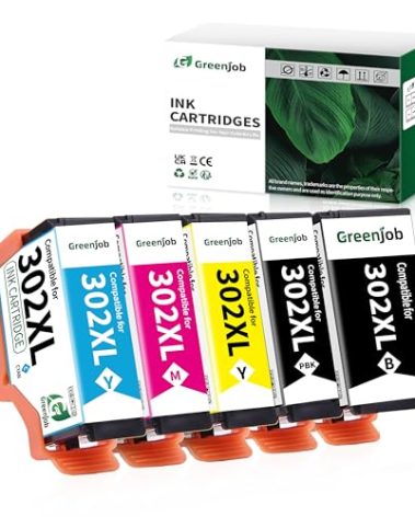 Greenjob Remanufactured Ink Cartridges Replacement for Epson 302 XL T302XL T302 Ink Cartridges Multipack for Expression Premium XP-6100 XP-6000 Printer (Black, Photo Black, Cyan, Magenta, Yellow)