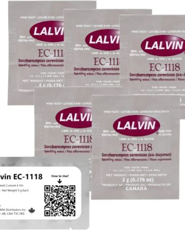 Lalvin EC-1118 Wine Yeast (5 Pack) - Champagne Yeast - Make Wine Cider Mead Kombucha At Home - 5 g Sachets - Saccharomyces cerevisiae - Sold by CAPYBARA Distributors Inc.