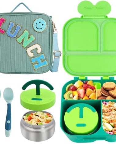 Lunch Box with Bento Box, with Leak Proof Thermo Food Jar, Preppy Corduroy Insulated Lunch Bag for Boys Girl Kids Teens School Travel Picnic