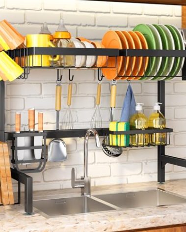 Over The Sink Dish Drying Rack - Adjustable Dish Rack for Kitchen Counter, Metal (Black)