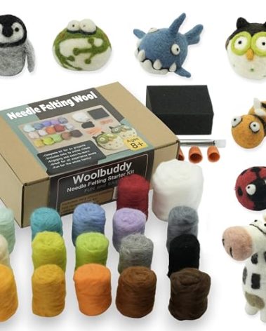 Woolbuddy Needle Felting Wool Kit – Starter Set to Make 6 Cute Animals – Includes Wool, Pad, Needles & Instructions for Beginners and Adults