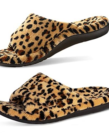 GRITHEIM Women's Orthotic Arch Support Slippers Fuzzy Adjustable Orthopedic Slippers for Plantar Fasciitis Furry Slide for Ladies leopard 9