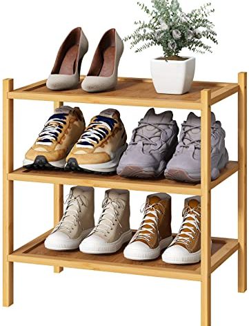 kiplant Small Shoe Rack, Bamboo Wood Shoe Rack for Entryway, Stackable | Foldable | Natural, 3-Tier Shoe Organizer for Hallway Closet, Free Standing Shoe Racks for Indoor & Outdoor