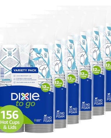 Dixie To Go Paper Coffee Cups With Lids, 12 oz, 156 ct, Disposable Insulated Paper Cups for On-The-Go Hot or Cold Beverages
