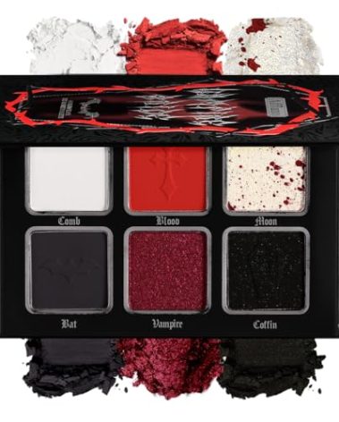 Black Red Eyeshadow Palette, Highly Pigmented True Red White Dark Grey Goth Smoky Eyeshadow Palette, 6 Color Matte Shimmer Burgundy Metallic Halloween Makeup Palette for Zombie Vampire Clown,Blendable