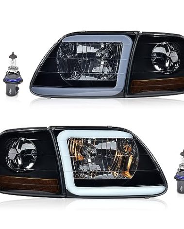 LQI Lightning Style Headlights Assembly LED DRL Strip Compatible with 1997-2002 Ford Expedition/1997-2004 F150 /1997-1999 F250 Headlamps Smoke Lens Black Housing Amber Reflector