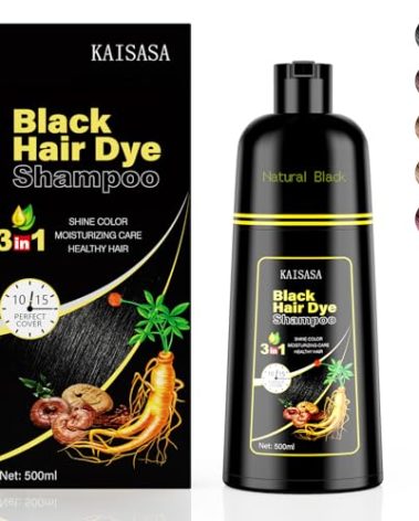 KAISASA Black Hair Dye Shampoo 3 in 1, Hair Color Shampoo for Women and Men, Hair Dye to Cover Gray Hair, Herbal Ingredient Shampoos for Grey Hair Coverage 500ml (Black)