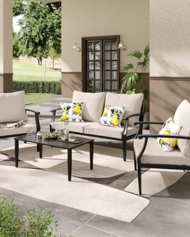 JOYURE 4 Pieces Patio Furniture Set w/loveseat,Coffe Table,Outdoor Conversation Metal Sofa with High Back and Thick Cushion,for Backyard,Garden,Beige