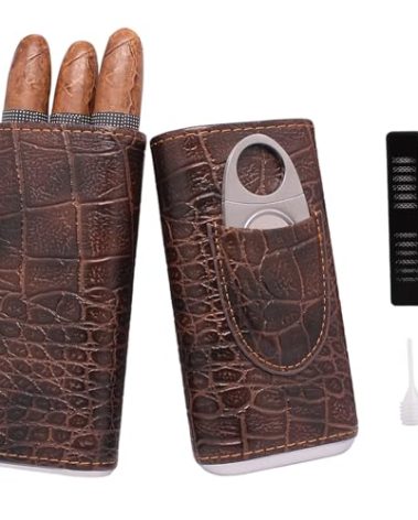 AMANCY 3-Finger Classy Black Brown Crocodile Pattern Leather Cigar Case With Small Humidifier and Cutter