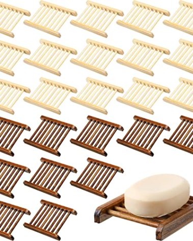 Honeydak 30 Pcs Bamboo Wood Soap Holder Wooden Soap Dish Tray Bathroom Wooden Sponge Case Handmade Bathtub Shower Dish Accessories for Home Sponge Scrubber(Natural Color, Charcoal)