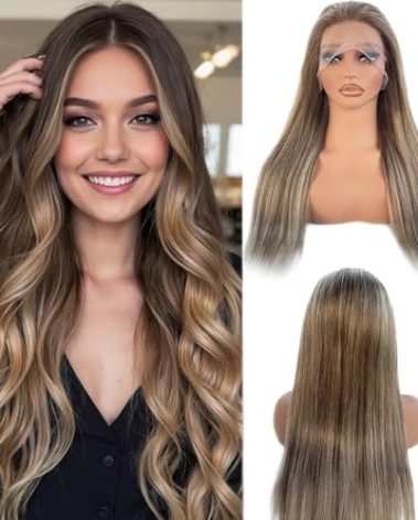 Highlight Ombre 13x4 HD Lace Front Wig Human Hair Chocolate Brown to Beige Blonde Human Hair Lace Front Wigs for Women 20 Inch 180% Density Real Remy Hair Lace Frontal Wig Pre Plucked with Baby Hair