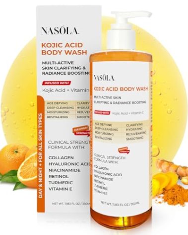 Nasola Kojic Acid Soap Body Wash + Turmeric Vitamin C Organic Natural Moisturizing Exfoliating Unscented Korean Cleansing Shower Gel for Women Men - 11.83 Fl Oz