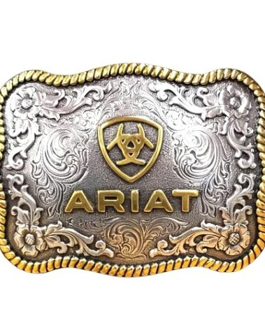 ARIAT Large Scalloped Shape Buckle with Logo, Floral and Scroll Detail, Twisted Rope Trim, 3.75"x 2.75"