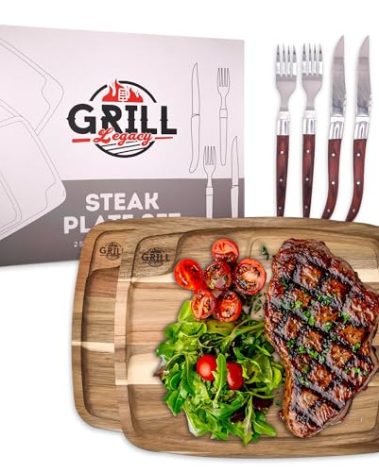Grill Legacy Wooden Steak Plate Set (2 Pack) - Complete Steak Plate for Eating with Premium Steak Knives and Forks - The Ultimate Gift for Steak Lovers.