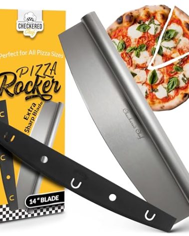 Checkered Chef Pizza Cutter Rocker Blade 14" - Sharp Stainless Steel Rocker Knife with Plastic Blade Sheath, Dishwasher Safe, Outdoor Pizza Oven Accessories