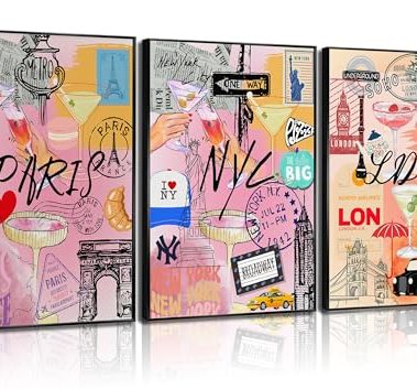 LCZDXGR 3Pcs Urban Graffiti Wall Art New York Paris London Famous Landmarks Canvas Poster Prints Colorful City Street Painting Pictures for Bedroom Living Room Dining Room Wall Decor 12x16in Unframed