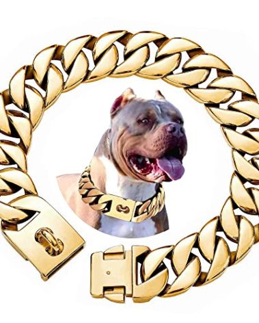 txprodogchains Big Dog Chain Collar with Buckle Strong Heavy Duty 32MM Thick Wide Stainless Steel Metal 18K Gold Cuban Link Chain Collar for Large Dogs