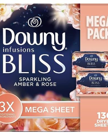 Downy Infusions Mega Dryer Sheets, Laundry Fabric Softener, BLISS, Amber and Rose, 130 Count