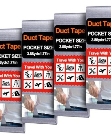 Innconee 4 Pack 1.77 in x 10 ft Travel Duct Tape Mini Pocket Size Flat Roll Flexible Heavy Duty Waterproof Tear by Hand for Repair Outdoor Emergency Gear EDC DIY Craft Camping Hiking (Silver)
