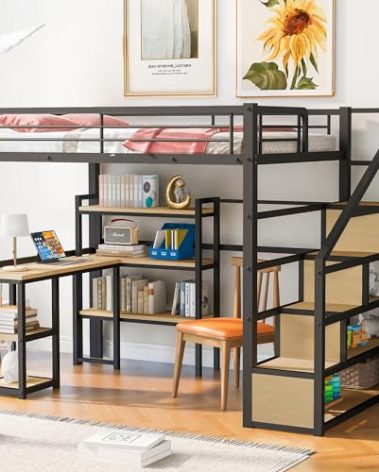 YOPTO Full Size Metal Loft Bed with Staircase,Full-Length Guardrails,a Built-in Desk and a 3-Tier Shelf,No Box Spring Needed,Noise Free,for Juniors&Adults,Black