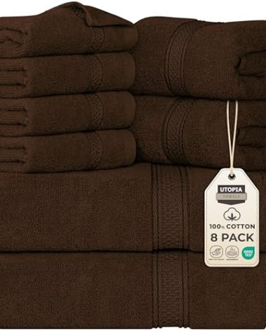 Utopia Towels 8-Piece Premium Towel Set, 2 Bath Towels, 2 Hand Towels, and 4 Wash Cloths, 600 GSM 100% Ring Spun Cotton Highly Absorbent Towels for Bathroom, Gym, Hotel, and Spa (Brown)