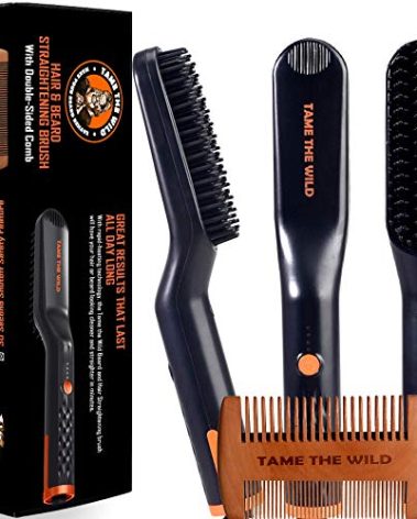 TAME The Wild Beard Brush and Beard Straightener for Men - Ionic Heated Comb with 3 Adjustable Temps - Wooden Beard Comb for Grooming - Anti-Scald Safety - for All Hair Types