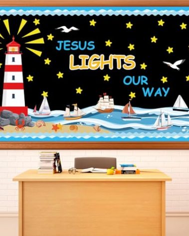 Christian Religious Bulletin Board Decoration Set Jesus Lights Cutouts Bible Verse Lighthouse Classroom Decor for Inspirational Back to School Church Sunday School Chalkboard Wall Door Decor