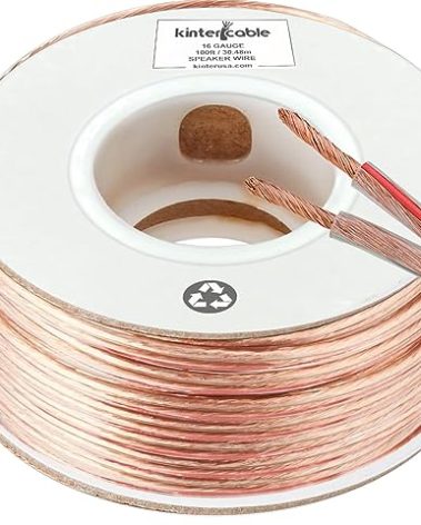 Kinter Cable 100ft 16-Gauge Audio Stereo Speaker Wire Cable, 100 Feet, 30.48 Meters, 2 Conductor, Polarity Marked, Flexible Clear PVC, CCA, Home Theater, HiFi, Surround or Auto Amps