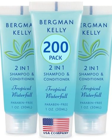 Bergman Kelly - Travel Size 2 in 1 Shampoo & Conditioner - 1 fl oz, 200 PK, Tropical Waterfall - Delight Your Guests w/Invigorating & Refreshing Shampoo Amenities - Small Hotel Toiletries in Bulk