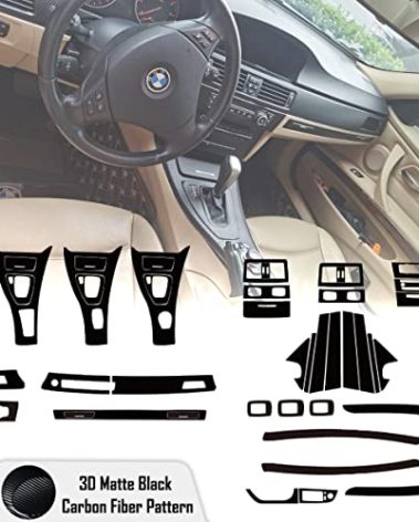 Center Console Dashboard Vinyl Wrap Cover Matte Black Carbon Fiber Interior Pre-Cut Armrest Console Panel Protective Decoration Sticker Accessories for BMW E90 Sedan E91 Touring 2005-2011