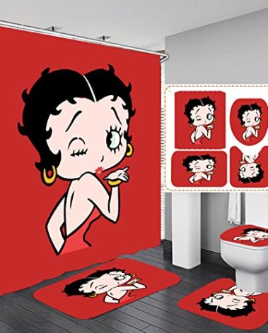 Betty Red Bathroom 4 Pieces Set Shower Curtain, Toilet Lid Cover and Bath Mat, Non-Slip Rugs, Durable and Waterproof, for Bathroom Decor Set, 72" x 72"