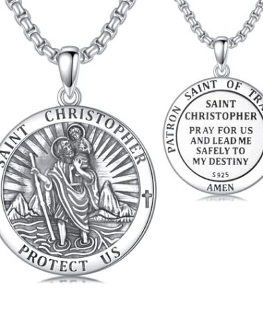 Seiyang St Christopher Medal for Men 925 Sterling Silver Round St Christopher Pendant Mens Double Sided Saint Christopher Medallion Necklace Protection Jewelry Religious Gifts for Men Women