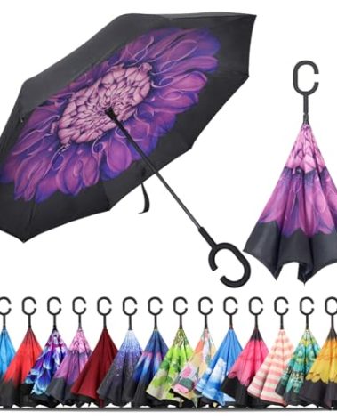LLanxiry Windproof Inverted Umbrella, Large Reverse Umbrellas for Rain with C-shaped Handle Big Upside Down Inside Out Umbrella for Women & Men (purple flower)