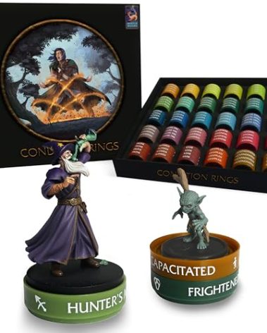 WASTED WIZARD Stackable DND Condition Rings. 120 Pieces Divided by 30 Different statuses and Spells. These D&D Accessories are Compatible with Pathfinder and Dungeons and Dragons Miniatures.