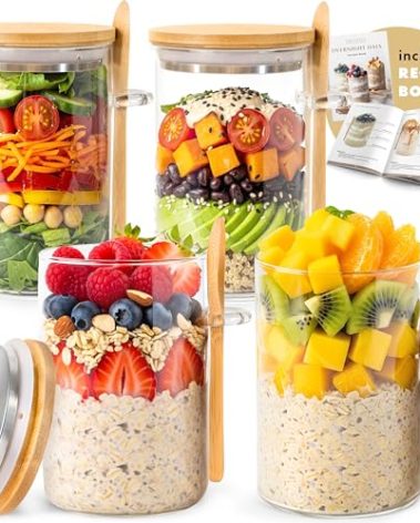 Overnight Oats Containers with Lids, Labels & Spoons (4 x 16oz) Glass Jars for Oatmeal, Meal Prep, Food Storage | Leak-Proof Mason Jars for Oats, Cereal, Yogurt, Chia Pudding [Thicker Glass 3mm]