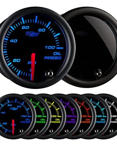 GlowShift Tinted 7 Color 100 PSI Oil Pressure Gauge Kit - Includes 1/8-27 NPT Electronic Sensor & Wiring - Multi-Color Display - Black Dial - Smoked Lens - for Car & Truck - 2-1/16" 52mm