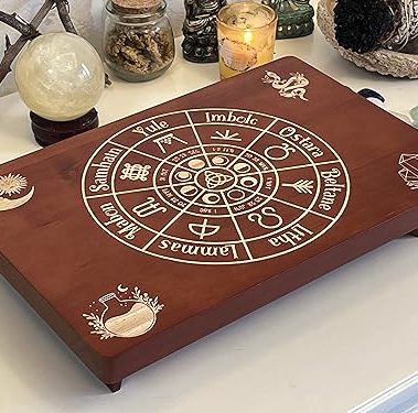 Altar Table, Meditation Table, Small Altar Table, Wooden Witch Altar, Wiccan Alter Table, Buddhist Shrine, Engraved The Wheel of The Year on Table Top, 12 × 8 inches