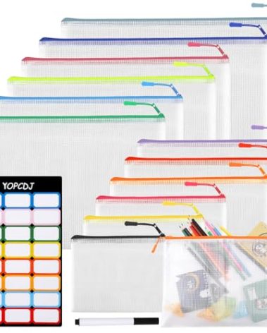 YOPCDJ 12 Mesh Zipper Pouch Bags - 12 Color, 8 Size Classroom Must-Have Storage Solution for School, Board Games, and Office Supplies