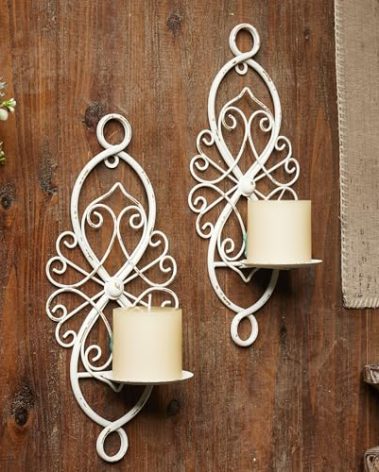 SOFE Decorative Wall Candle Holders Set of 2, Retro White Sconces, Farmhouse Iron Hanging Candle Holder, Metal Scroll Wall Decor for Bedroom, Living Room, Home, Porch