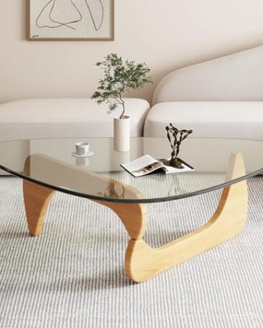 Mid-Century Modern Coffee Table - Triangle Glass Top Natural Wood Base Triangle Coffee Table for Living Room Patio Office Abstract End Tables (Raw Wood/Transparent, Small 32.2 * 22.4 * 16in)