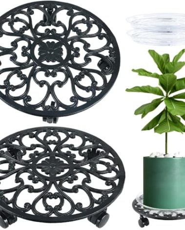 2 Packs 14 Inch Rolling Plant Stand with Wheels Metal Plant Caddy with Wheels Heavy Duty Round Plant Stand Indoor Iron Plants Rollers for Plants, Plant Dolly with Plant Saucers