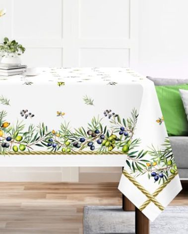Arquiel Spring Summer Tablecloth 60×84 inch, Waterproof Olive Leaf Table Cloth Washable, Stain Resistant Cloth Table Cover for Party Picnic Dinner Decor (Olive)