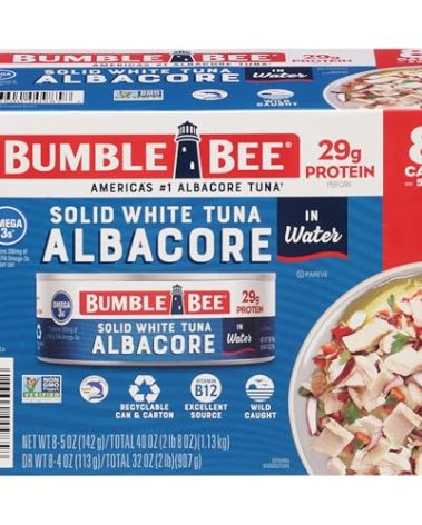 Bumble Bee Solid White Albacore Tuna in Water, 5 oz Can (Pack of 8) - Wild Caught Tuna - 29g Protein per Serving, High in Omega-3s - Non-GMO Project Verified, Gluten Free, Kosher