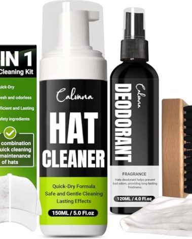 Calvana 4-in-1 Professional Hat Cleaning Kit, Quick-drying Cap Saver Cleaner, for Baseball Caps,Cowboy Hat, Felt Hat, Safe for Cotton, Wool, Polyester, 5oz Solution, Includes Towel and Brush