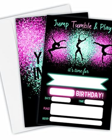 Jump Tumble & Play Birthday Invitations, Neon Pink Foil Gymnastic Birthday Party Invites Decorations, Birthday Party And Events Supplies, 20 Fill-In Invites Cards With Matching Envelopes（YQK-B03）