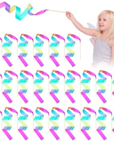 12 Pcs Mini Rainbow Wands for Kids Gymnastics Dance Party Favors Halloween Dance Ribbon Streamers with Wooden Handles Ballet Twirling Baton, Rhythm Sticks Toddler Party Favors Supplies Accessories