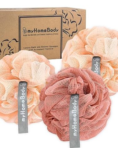 myHomeBody 60g Loofah Sponge, Body Scrubber, Bath Sponge, Loofah for Women, Men, Exfoliating Sponge Shower Pouf with Activated Charcoal - 2 Peach + 1 Coral Red, 3 Pack