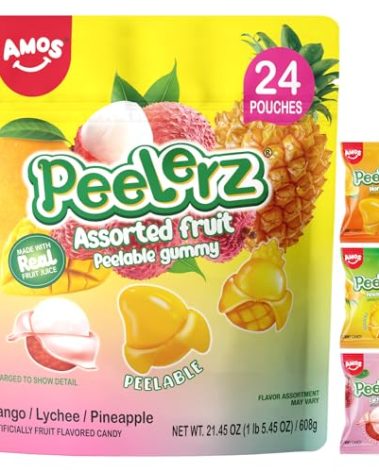 Amos Peelerz Assorted Peelable Gummy – Tropical Peeling Candy Variety Pack | Mango, Lychee & Pineapple | 24 Individual Packs (608g) | Fun, Chewy & Shareable Treat