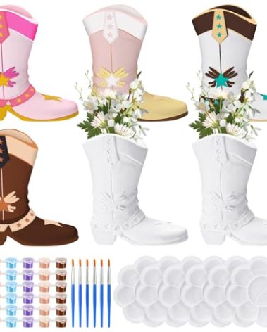 Affrolling 6 Set Cowboy Boot Vase Ceramics to Paint Ready to Paint Your Own Ceramic Cowgirl Hat Vase DIY Unpainted Plaster Paintable Kit Crafts with Brush Palette for Adults(Western Boots)