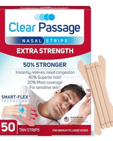 Clear Passage Nasal Strips Extra Strength, Tan, 50 Count | Works Instantly to Improve Sleep, Reduce Snoring, & Relieve Nasal Congestion Due to Colds & Allergies